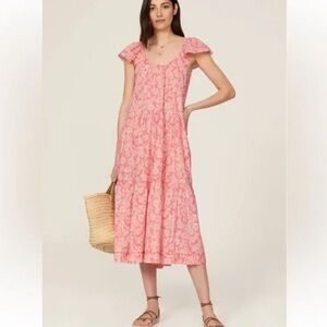 The Great The Whipstitched Plumeria Dress in Bright Rouge Wild Brush Floral 0 XS
